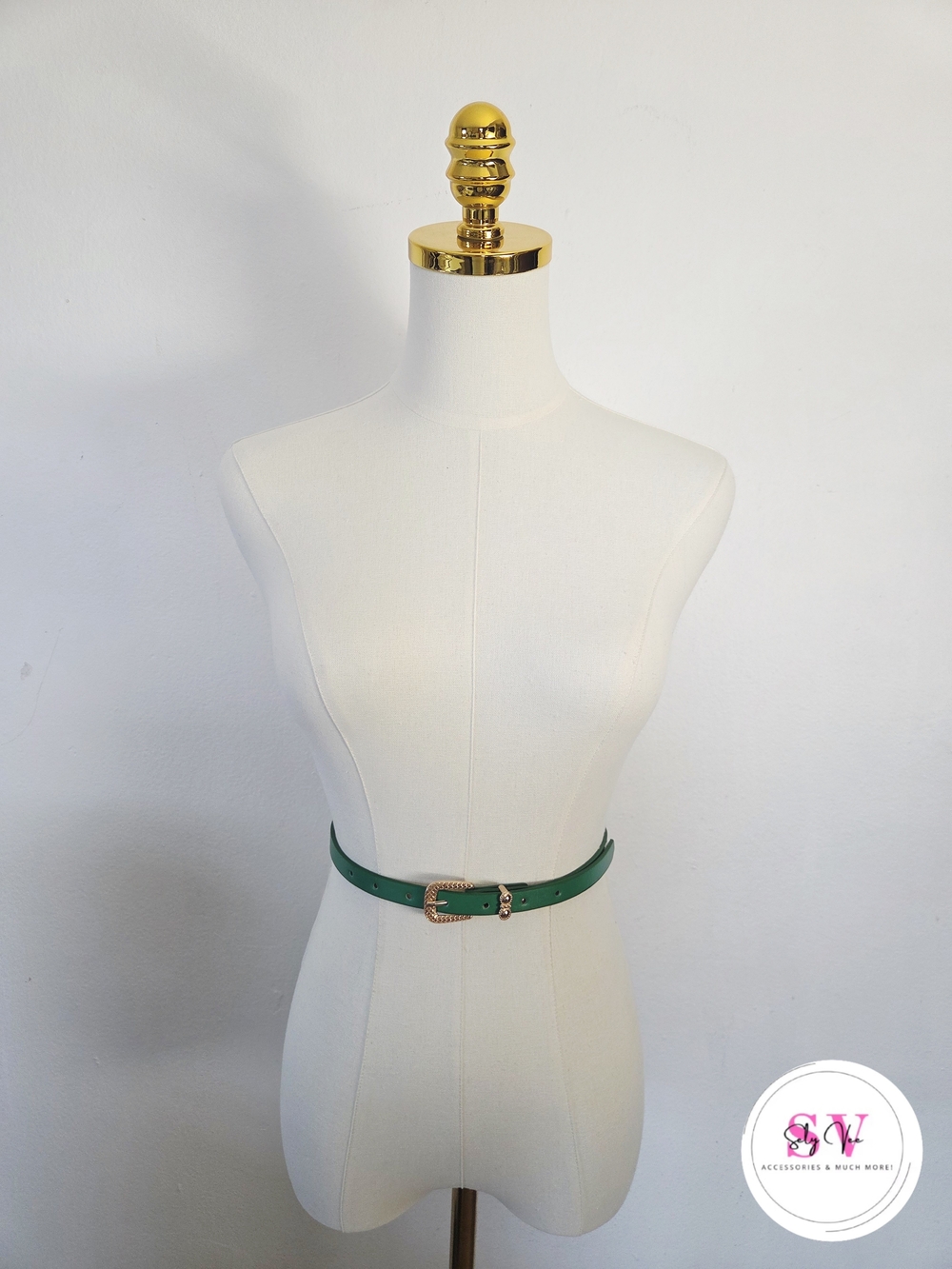 Green Thin Belt With Gold Buckle